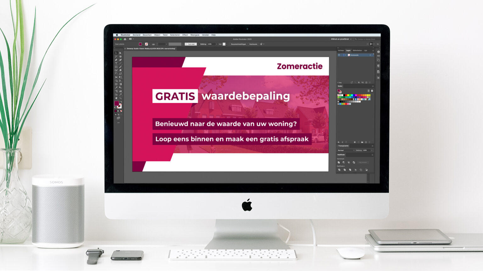 Grafisch vormgever van Viewie Media ontwerpt animatie voor digital signage scherm